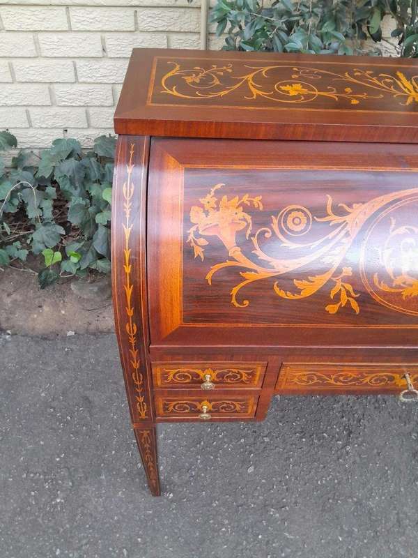 A 20th Century Rosewood And Inlaid Marquetry Cylinder Desk With Pull Out Writing Section