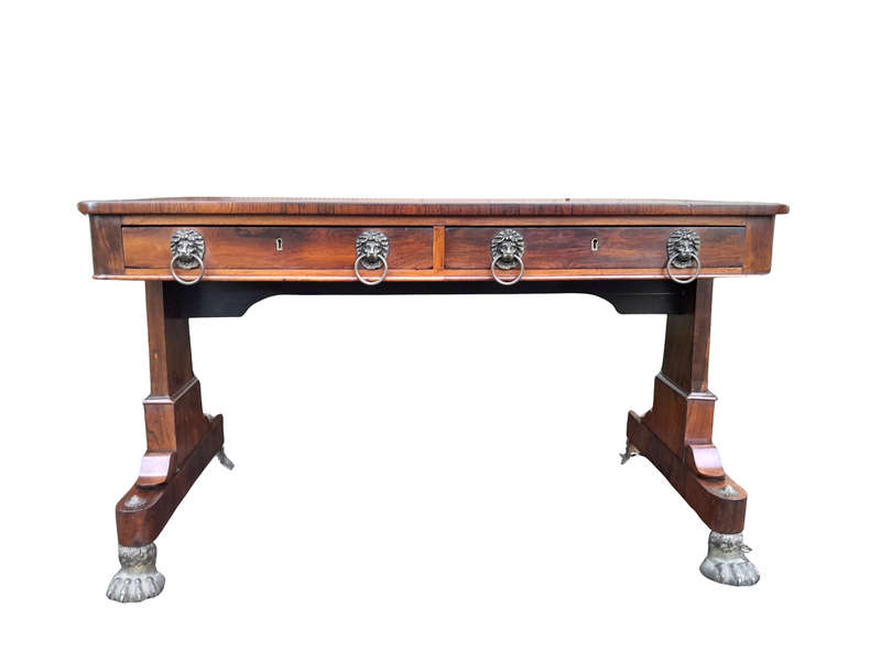 A 19th Century William IV Rosewood Desk with Gilt Tooled Leather and Gilt Metal Gallery Top on Br...