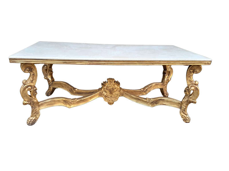 A 20TH Century Ornately Carved & Hand-Gilded Console/Entrance/Dining/Drinks Table with Cream Marb...
