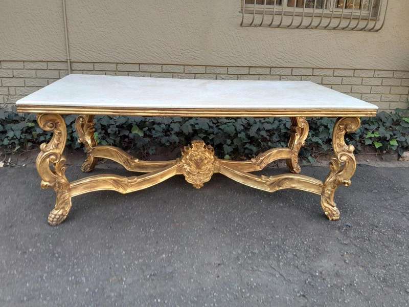 A 20TH Century Ornately Carved & Hand-Gilded Console/Entrance/Dining/Drinks Table with Cream Marb...