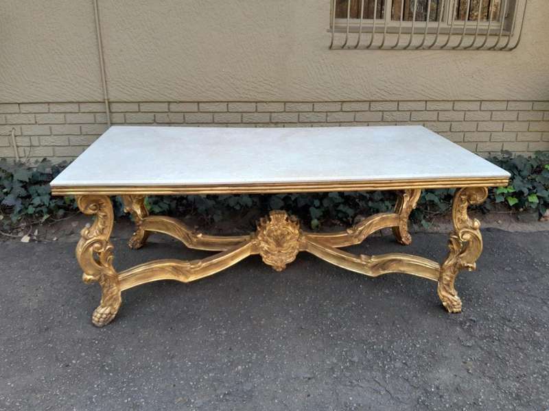 A 20TH Century Ornately Carved & Hand-Gilded Console/Entrance/Dining/Drinks Table with Cream Marb...
