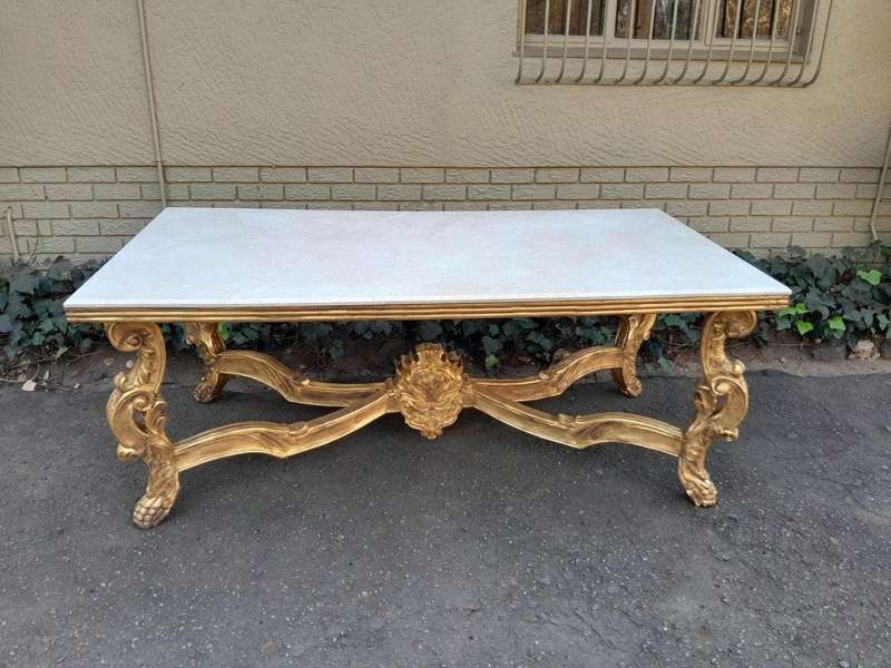 A 20TH Century Ornately Carved & Hand-Gilded Console/Entrance/Dining/Drinks Table with Cream Marb...