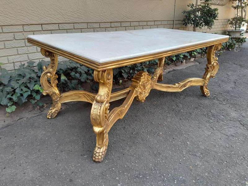A 20TH Century Ornately Carved & Hand-Gilded Console/Entrance/Dining/Drinks Table with Cream Marb...