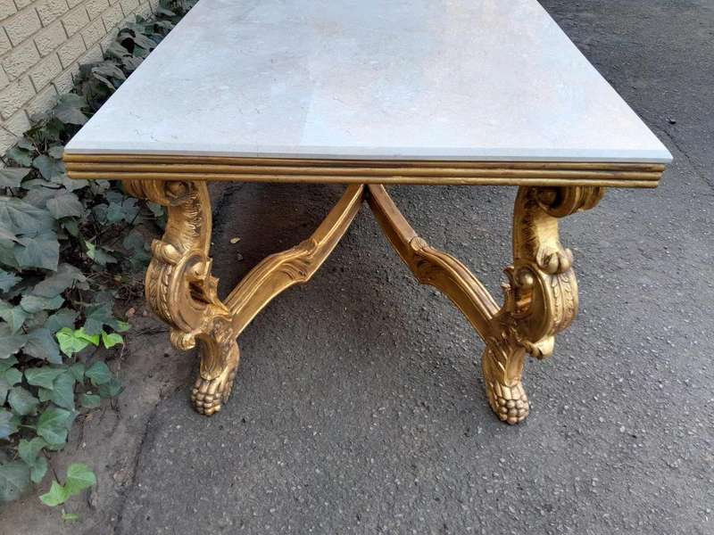A 20TH Century Ornately Carved & Hand-Gilded Console/Entrance/Dining/Drinks Table with Cream Marb...