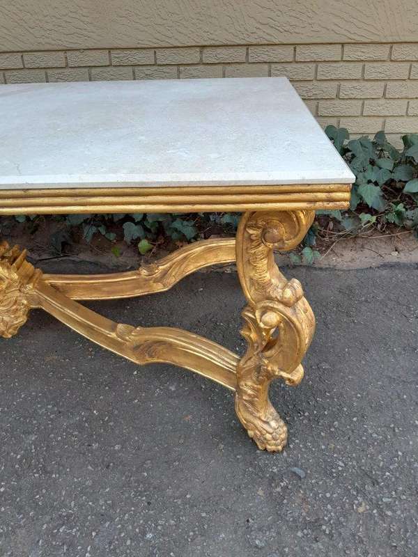 A 20TH Century Ornately Carved & Hand-Gilded Console/Entrance/Dining/Drinks Table with Cream Marb...