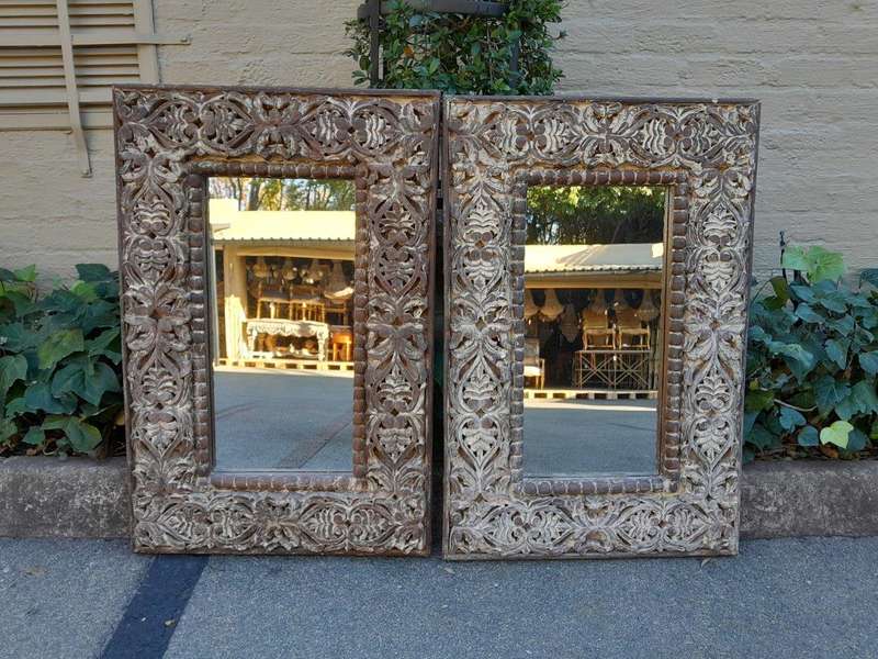 A Pair of Heavily Carved Ornate Floral Mirrors in A Distressed Contemporary Finish