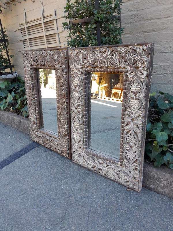 A Pair of Heavily Carved Ornate Floral Mirrors in A Distressed Contemporary Finish