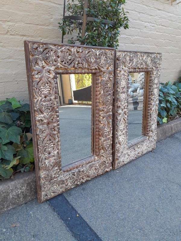 A Pair of Heavily Carved Ornate Floral Mirrors in A Distressed Contemporary Finish