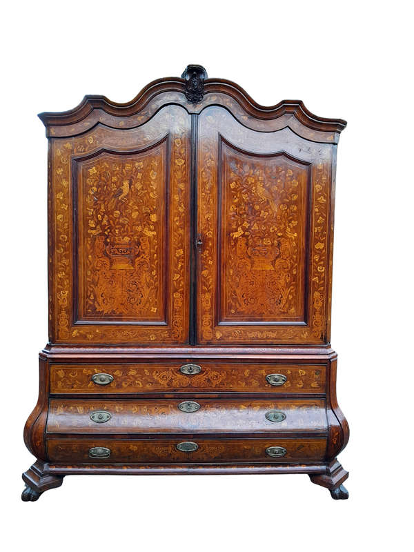 An Antique 18th Century Dutch Marquetry Armoire / Cabinet / Bombe