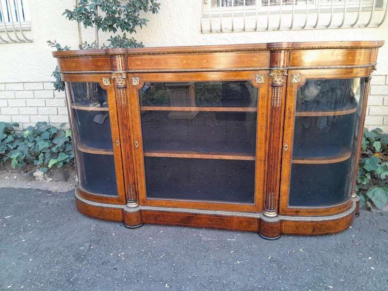 A 19th Century Circa 1860 Burr Walnut And Satinwood Credenza  /  Server  /  Buffet With Gild Meta...