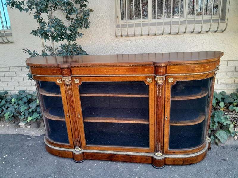 A 19th Century Circa 1860 Burr Walnut And Satinwood Credenza  /  Server  /  Buffet With Gild Meta...