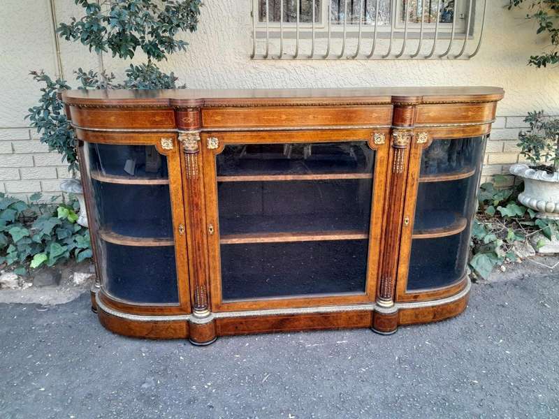 A 19th Century Circa 1860 Burr Walnut And Satinwood Credenza  /  Server  /  Buffet With Gild Meta...