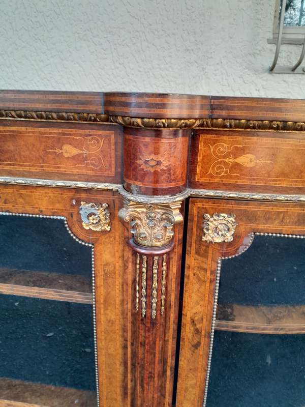 A 19th Century Circa 1860 Burr Walnut And Satinwood Credenza  /  Server  /  Buffet With Gild Meta...