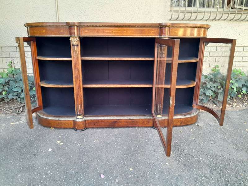 A 19th Century Circa 1860 Burr Walnut And Satinwood Credenza  /  Server  /  Buffet With Gild Meta...
