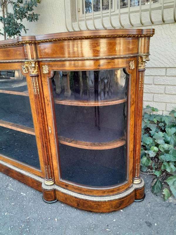 A 19th Century Circa 1860 Burr Walnut And Satinwood Credenza  /  Server  /  Buffet With Gild Meta...