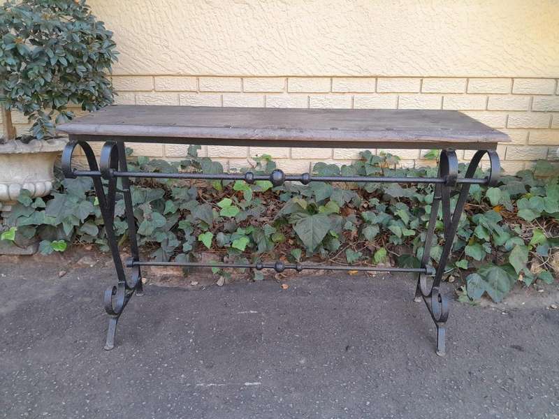 A 20th Century Wrought Iron and Hardwood Top Console Table