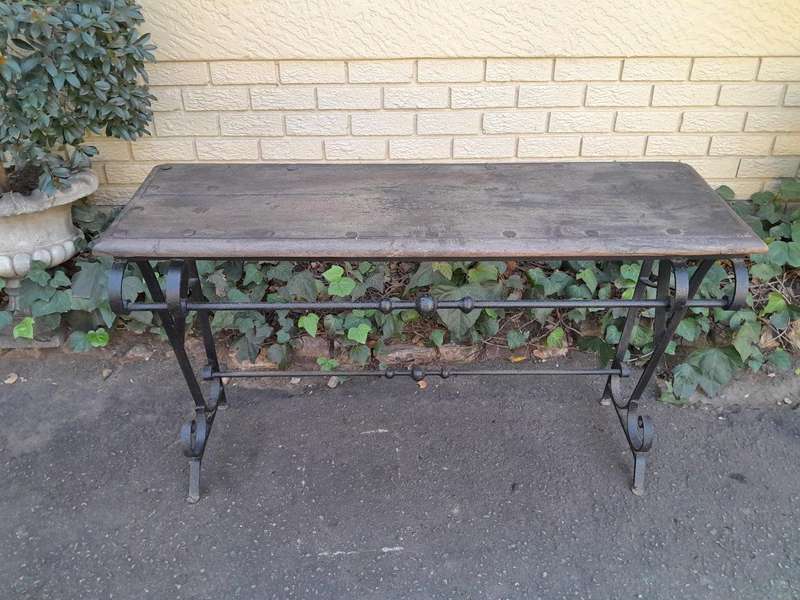 A 20th Century Wrought Iron and Hardwood Top Console Table
