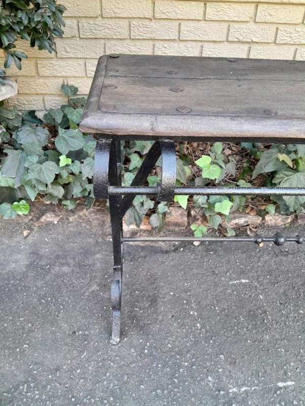 A 20th Century Wrought Iron and Hardwood Top Console Table
