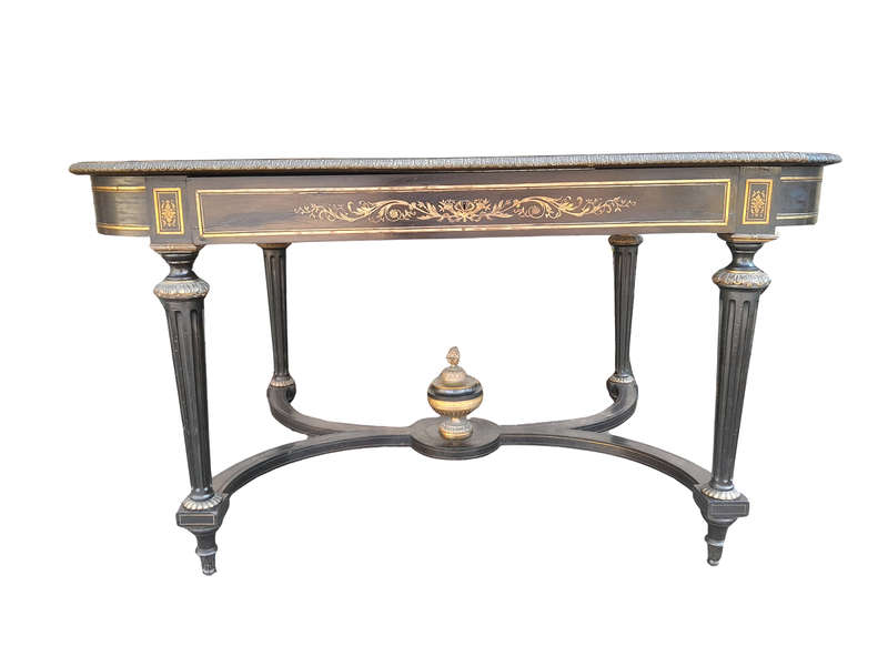 A 19th Century French Ebonised and Brass inlay and Metal Mounted Table with Drawer