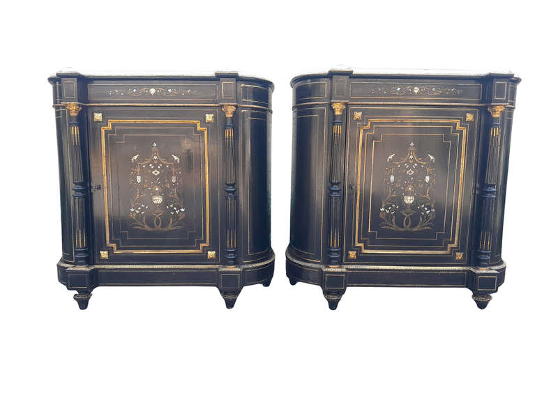 A 19th Century Pair of Napoleon III French Inlaid, Ebonised, Ormolu and Marble Cabinets With Marb...
