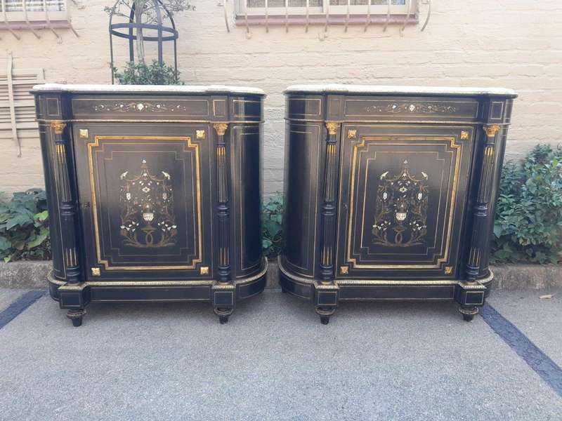 A 19th Century Pair of Napoleon III French Inlaid, Ebonised, Ormolu and Marble Cabinets With Marb...