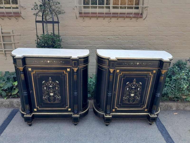 A 19th Century Pair of Napoleon III French Inlaid, Ebonised, Ormolu and Marble Cabinets With Marb...