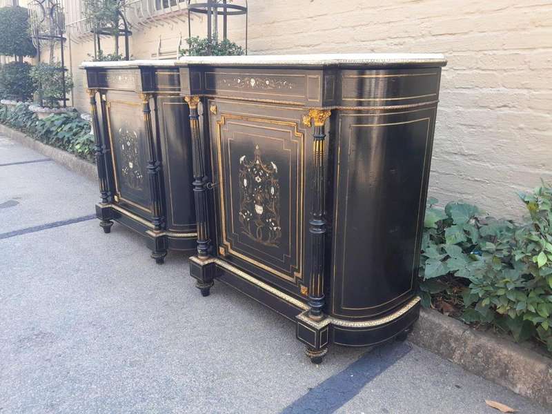 A 19th Century Pair of Napoleon III French Inlaid, Ebonised, Ormolu and Marble Cabinets With Marb...