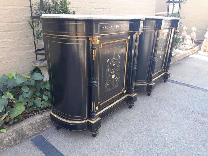 A 19th Century Pair of Napoleon III French Inlaid, Ebonised, Ormolu and Marble Cabinets With Marb...