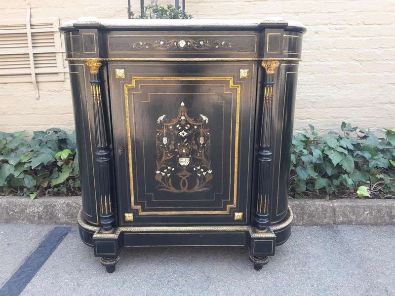 A 19th Century Pair of Napoleon III French Inlaid, Ebonised, Ormolu and Marble Cabinets With Marb...