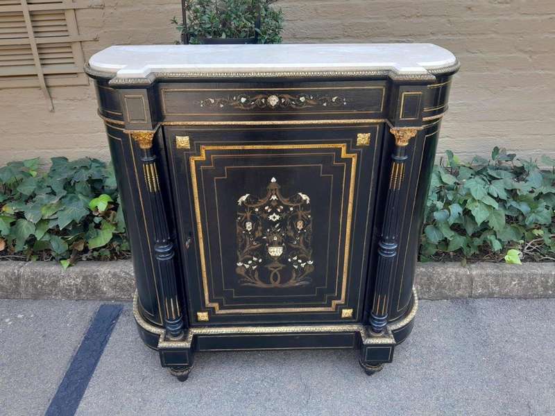 A 19th Century Pair of Napoleon III French Inlaid, Ebonised, Ormolu and Marble Cabinets With Marb...