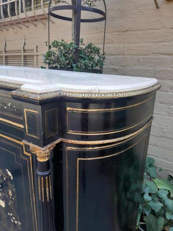 A 19th Century Pair of Napoleon III French Inlaid, Ebonised, Ormolu and Marble Cabinets With Marb...