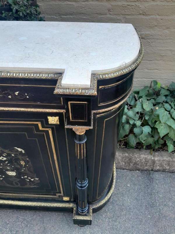 A 19th Century Pair of Napoleon III French Inlaid, Ebonised, Ormolu and Marble Cabinets With Marb...