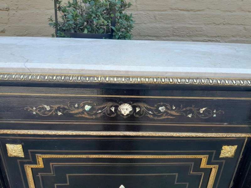 A 19th Century Pair of Napoleon III French Inlaid, Ebonised, Ormolu and Marble Cabinets With Marb...