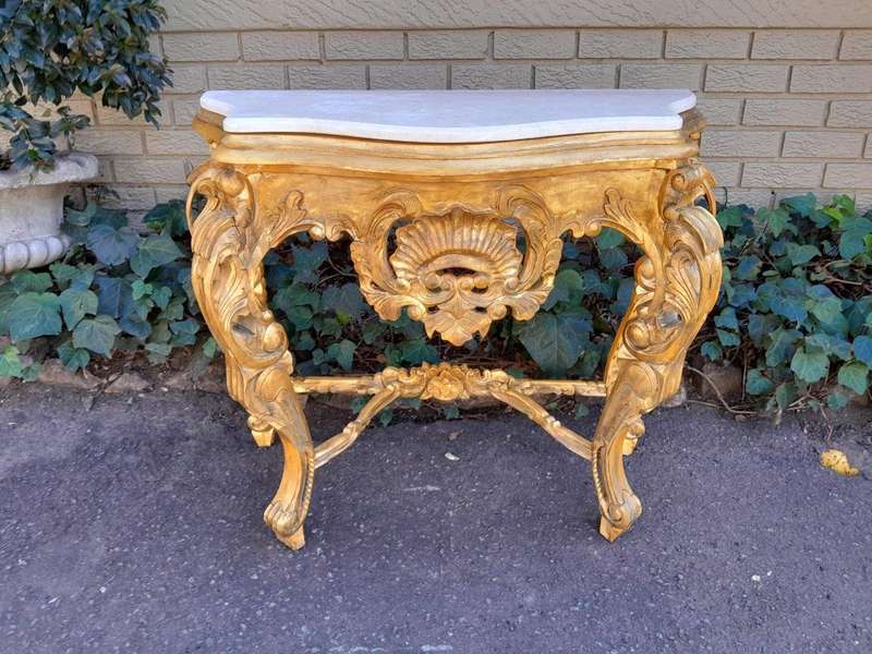 A 20th Century Victorian Style Mahogany Hand-Gilded Console Table With Marble Top