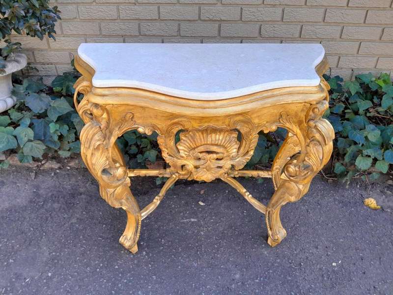 A 20th Century Victorian Style Mahogany Hand-Gilded Console Table With Marble Top