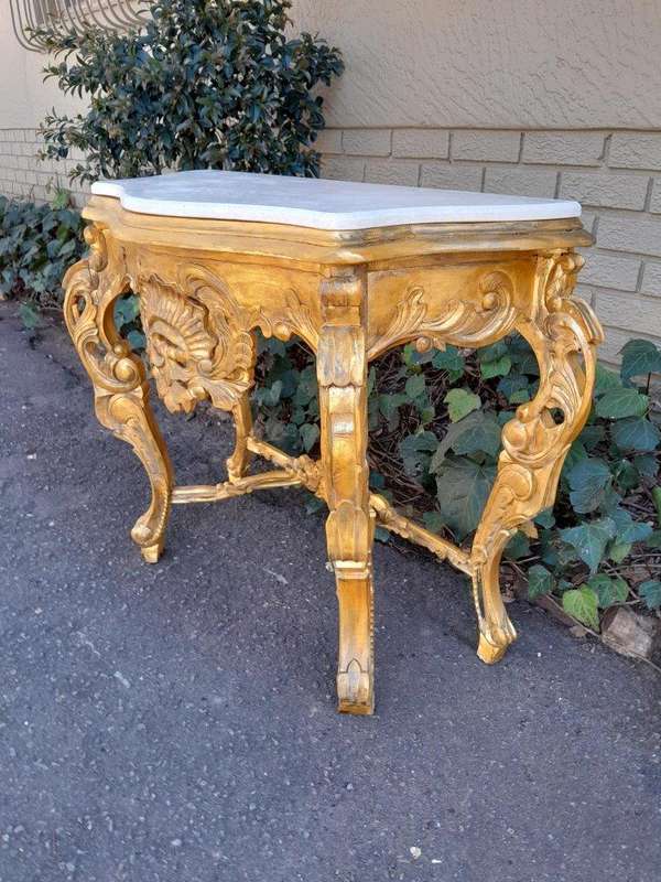 A 20th Century Victorian Style Mahogany Hand-Gilded Console Table With Marble Top