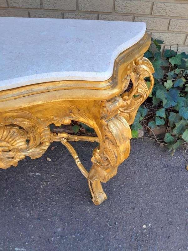 A 20th Century Victorian Style Mahogany Hand-Gilded Console Table With Marble Top