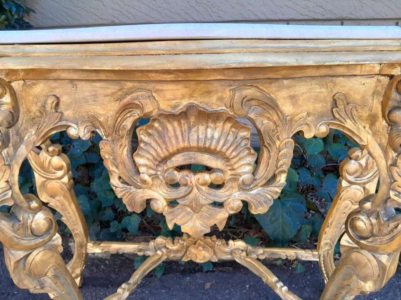 A 20th Century Victorian Style Mahogany Hand-Gilded Console Table With Marble Top