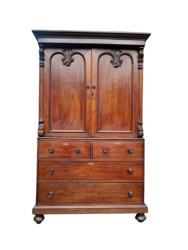 A 19TH Century Antique Victorian Mahogany Linen Press With Drawers and Shelves
