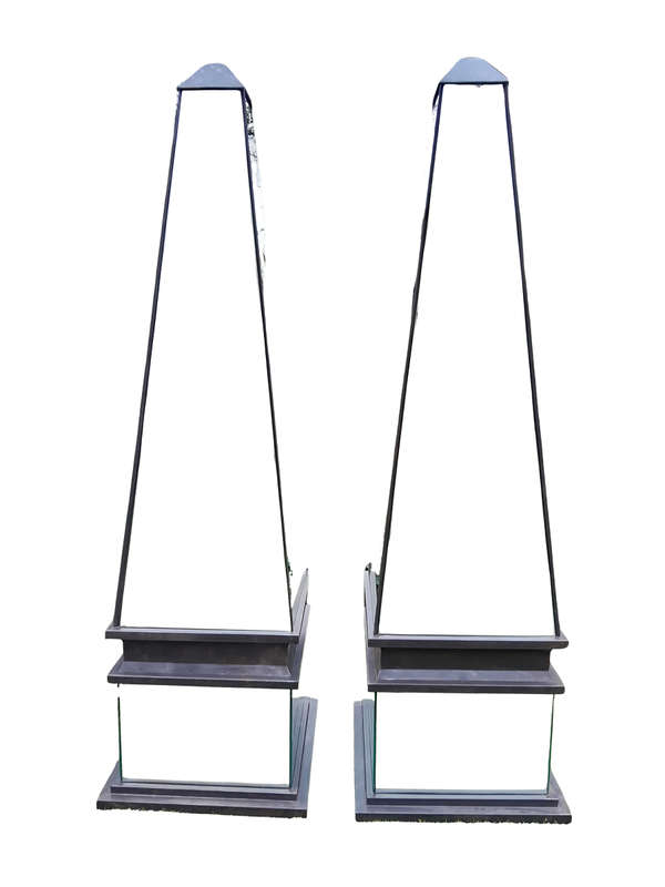 A Pair of Designer Mirror and Antique Coloured Iron Obelisks, Custom-made for The Crown Collection 