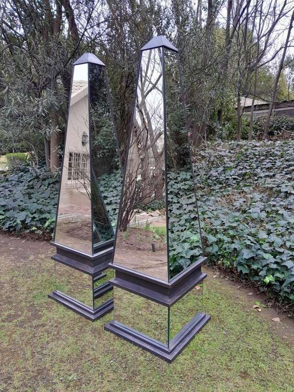 A Pair of Designer Mirror and Antique Coloured Iron Obelisks, Custom-made for The Crown Collection 