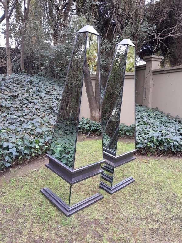 A Pair of Designer Mirror and Antique Coloured Iron Obelisks, Custom-made for The Crown Collection 