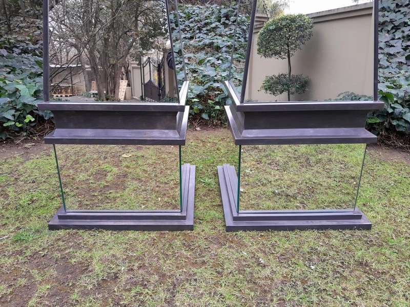 A Pair of Designer Mirror and Antique Coloured Iron Obelisks, Custom-made for The Crown Collection 