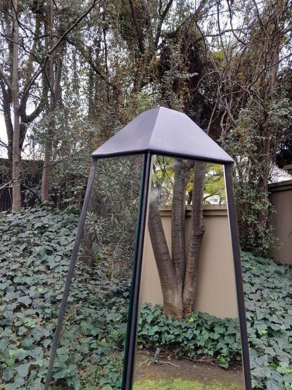 A Pair of Designer Mirror and Antique Coloured Iron Obelisks, Custom-made for The Crown Collection 