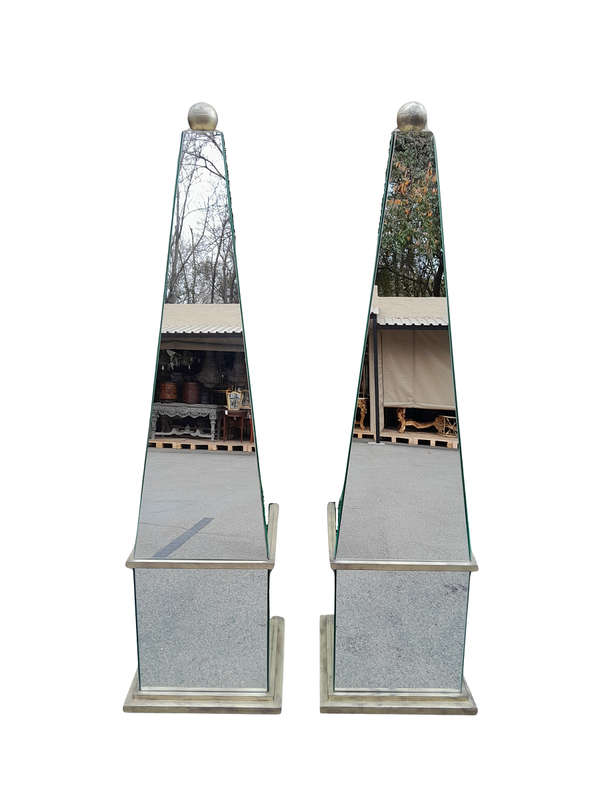 A Pair of Designer Mirror and Antique Gold Coloured Iron Ball and Detail Obelisks, Custom-made fo...