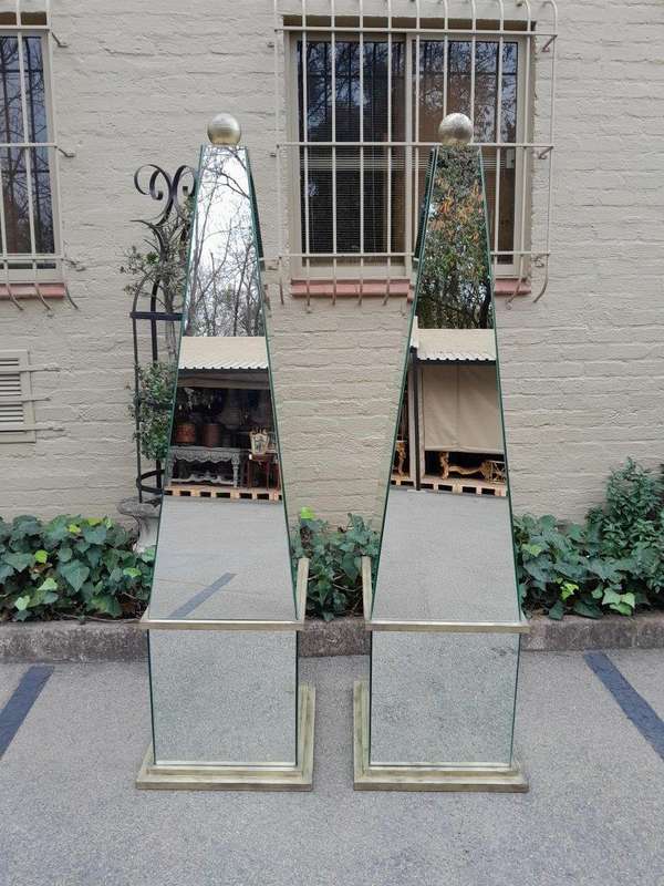 A Pair of Designer Mirror and Antique Gold Coloured Iron Ball and Detail Obelisks, Custom-made fo...