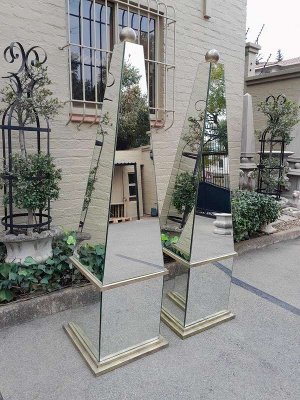 A Pair of Designer Mirror and Antique Gold Coloured Iron Ball and Detail Obelisks, Custom-made fo...