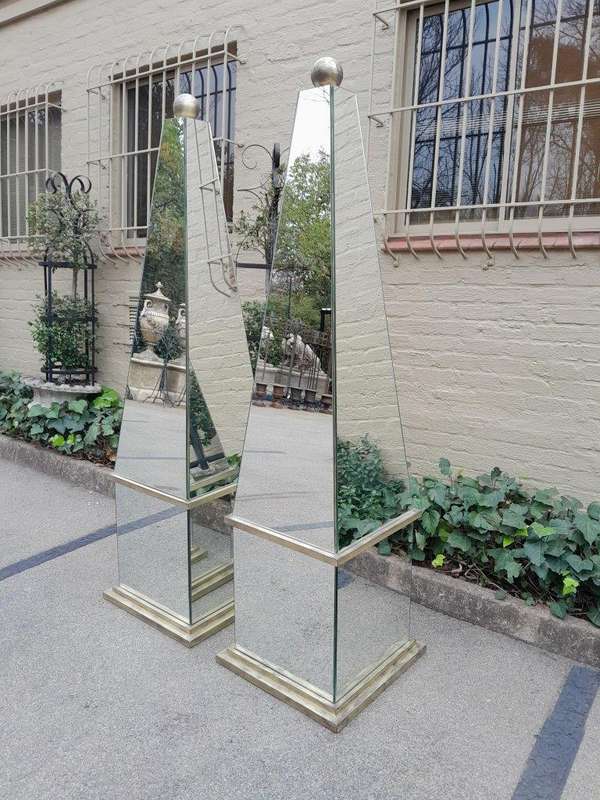 A Pair of Designer Mirror and Antique Gold Coloured Iron Ball and Detail Obelisks, Custom-made fo...