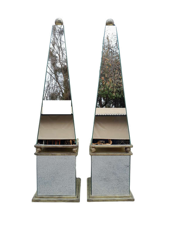 A Pair of Designer Mirror and Antique Gold Coloured Iron Obelisks with Ball Detail, Custom-made f...