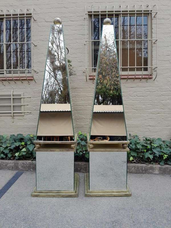 A Pair of Designer Mirror and Antique Gold Coloured Iron Obelisks with Ball Detail, Custom-made f...